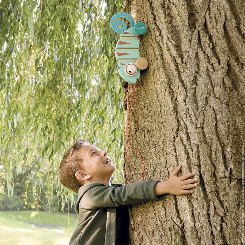 Janod - Tropik Pull-Along Chameleon - Wooden Early-Learning Toy - Silent Wheels - Educational Walking and Balancing Toy - Water-Based Paint - 1 Year + J08264, Green - Image 5